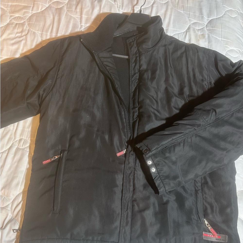 Prada Black Puffer Jacket with Red Zipper Details